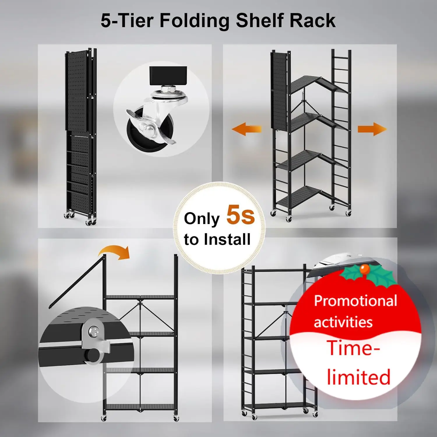 

Himix Storage Shelves with 20 Hooks, 5-Tier Collapsible Organization Storage Rack Bookshelf Folding Pantry Shelves Cube Shelf Wi