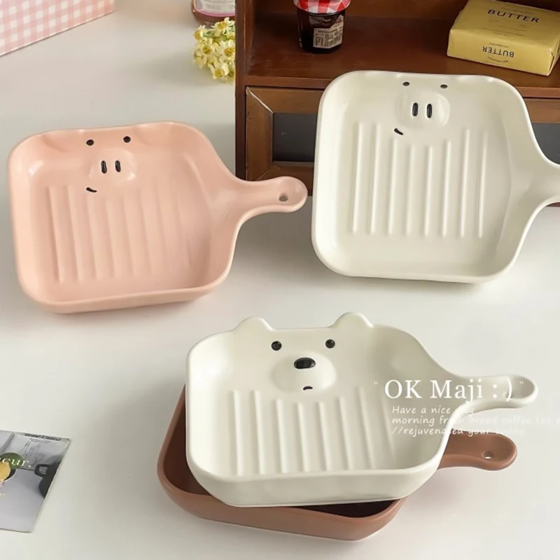 

Корейские керамические тарелки для завтрака в стиле легкой роскоши с мультяшным дизайном и ручками, милые, термостойкие, для запеченного риса и многого другого