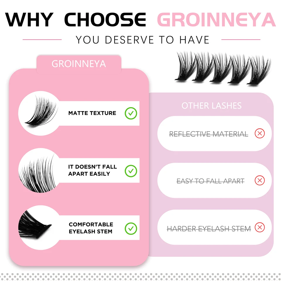 Kit de pestañas postizas DIY GROINNEYA, pestañas individuales de alta capacidad, mezcla de volumen en bandeja, set de 60P+80P para maquillaje 6