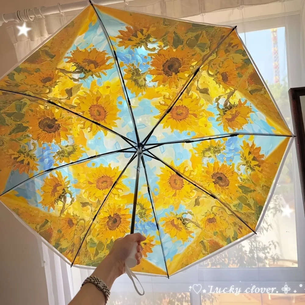 

Sunflowers Oil Painting Sun Rain Female Umbrella Folding Full Automatic Windproof Men Umbrella For Painting Lover