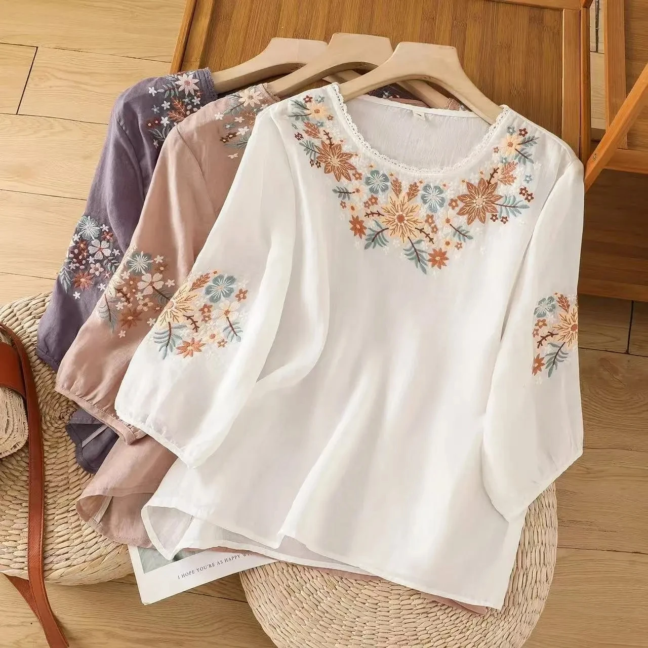 Women's Floral Embroidered Cotton Linen Blouse Nine Sleeve Round Neck Loose Casual T-Shirt 2026 Summer Spring Tops Fashion