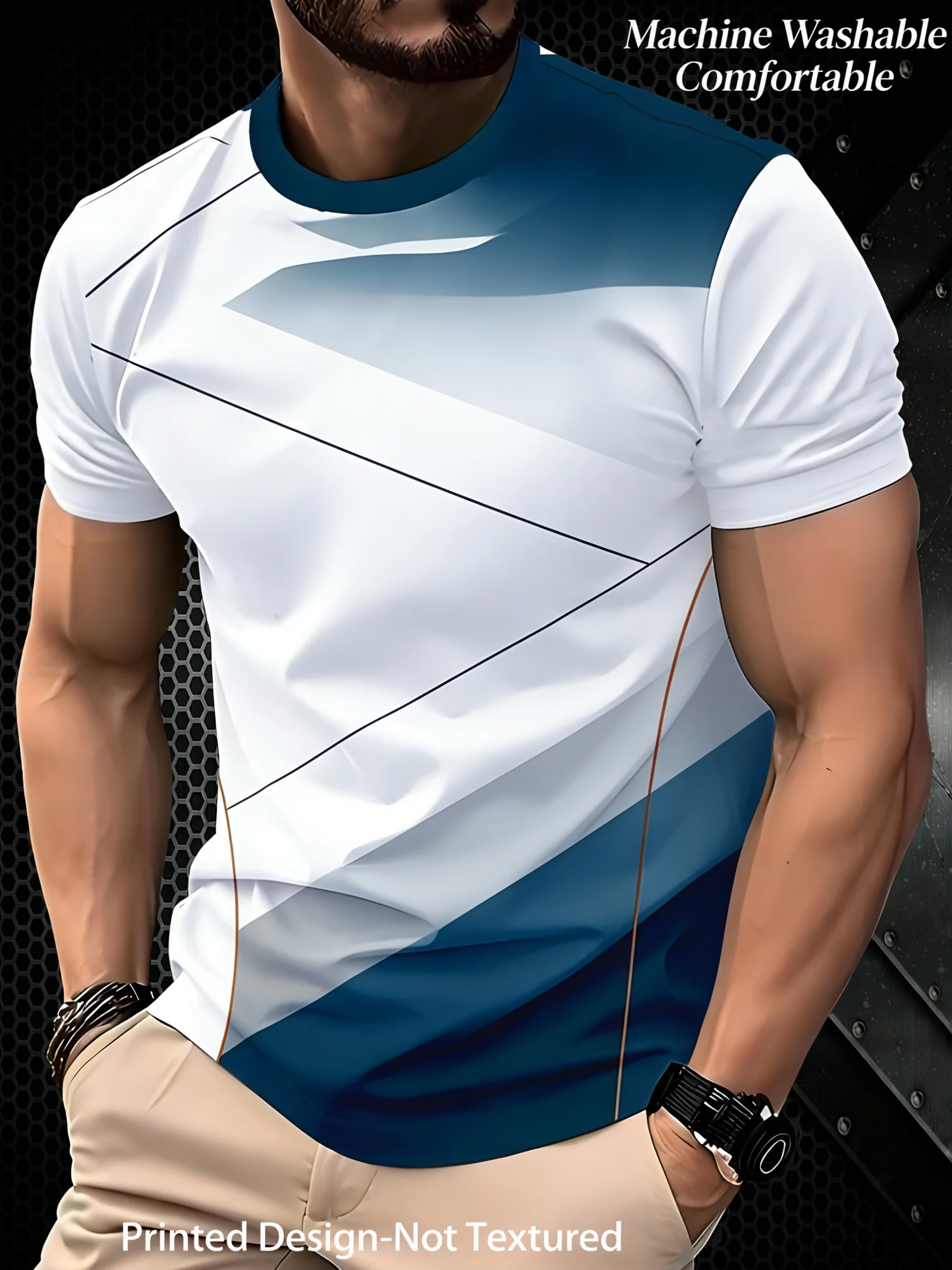 New men's short-sleeve T-shirt, loose-fitting and tailored with printed designs, versatile basic crew-neck top suitable for spri