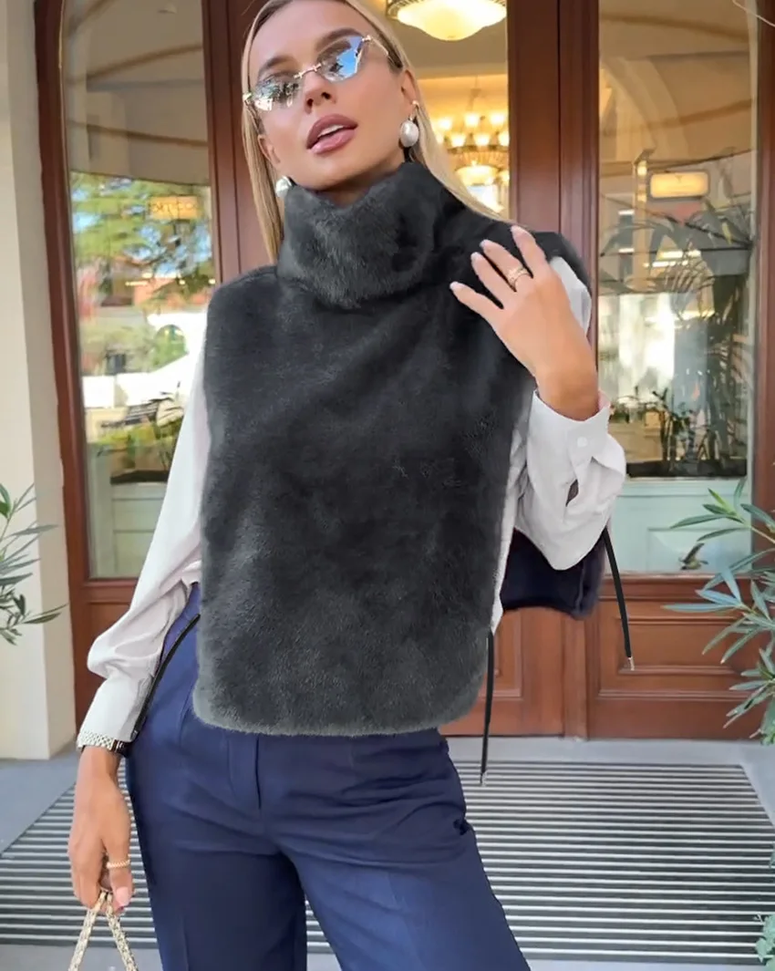 Women Faux Mink Fur Vests Coats Solid Fur Jackets Lace Up Cotton Linen Turtleneck Sleeveless Loose Fit Casual 2026 Autumn Winter
