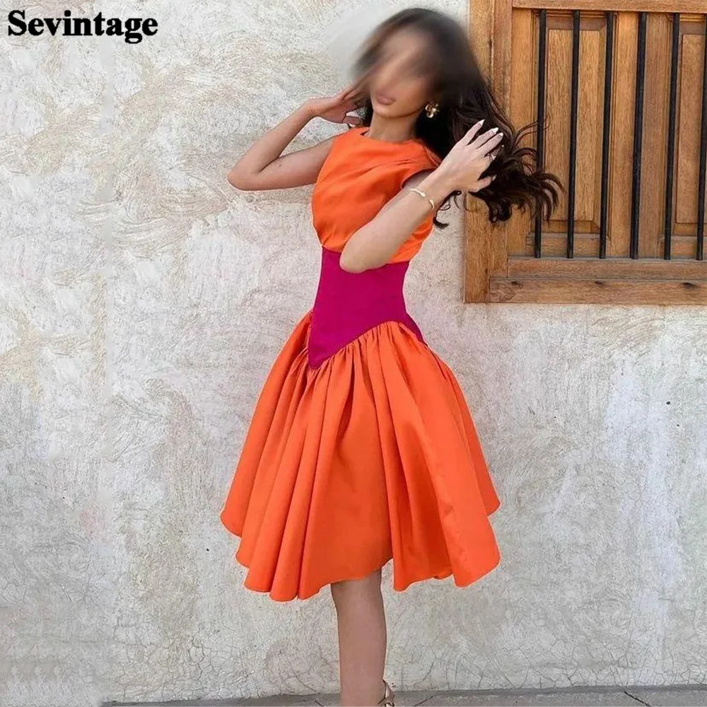 Customized Orange Arabic Short Evening Dresses O-Neck A Line Knee Length Women Wedding Party Gowns Satin Formal Prom Dress