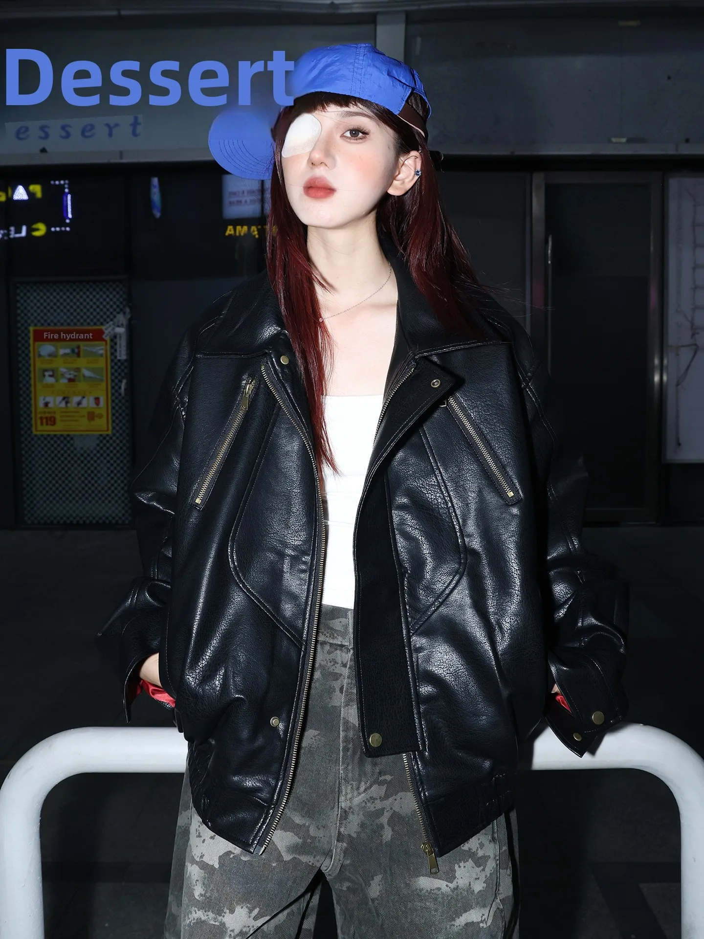 

Retro American Deconstructed Patchwork PU Leather Jaet Men's Loose Design Sense BF Cool Motorcycle Clothes Jaet