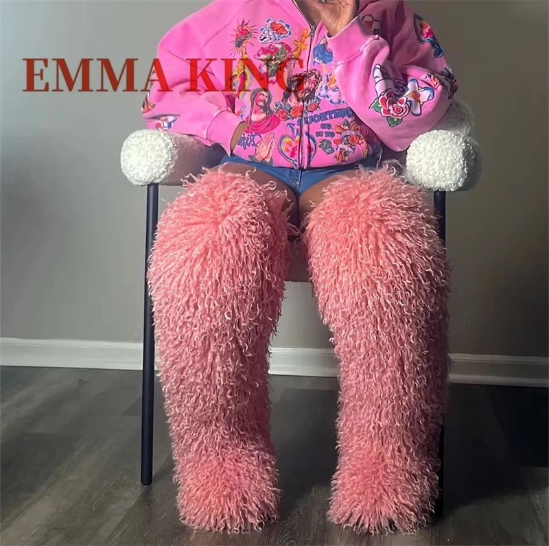 Women Furry Long Warm Boots Winter Thigh High Fluffy Boots Ladies Plush Over The Knee High Snow Boots Ladies Mongolian Fur Boot view 2
