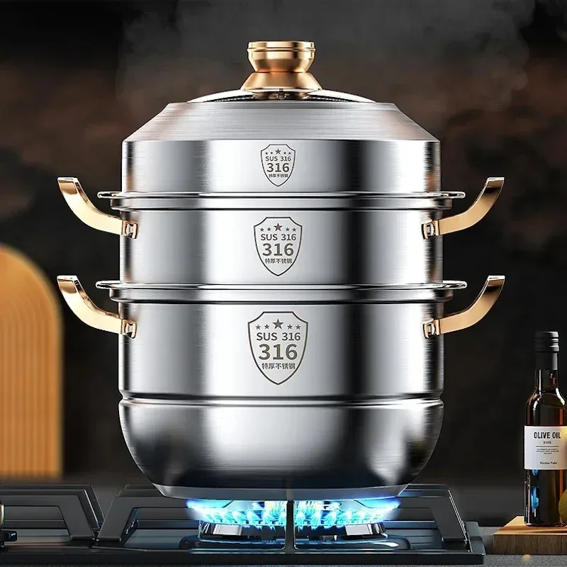 316 Stainless Steel Steam Pot 40cm Steamer Pot Home Appliance 4 Layers Steamer Cooker Soup Pots