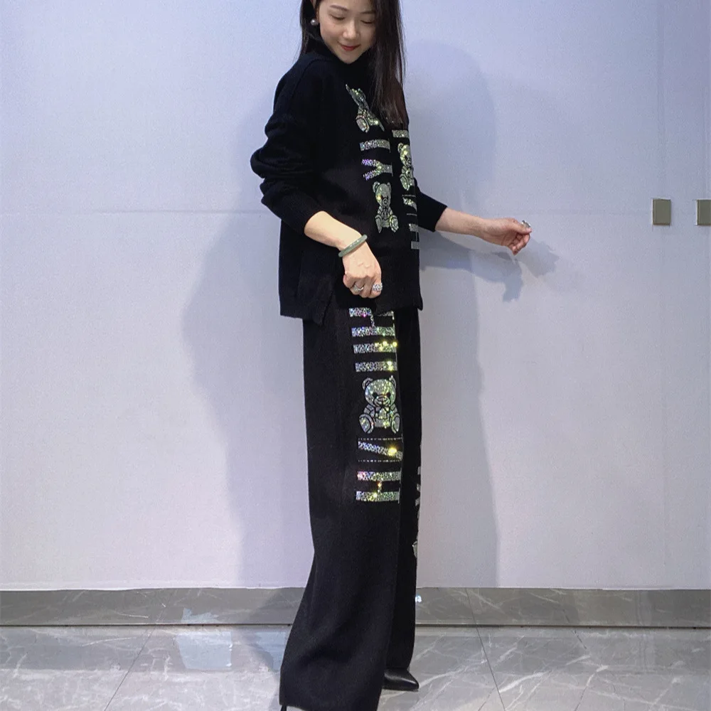 Ensemble tricoté européen et américain pour femmes, pull à col haut + pantalon à jambes larges, ensemble deux pièces, automne hiver