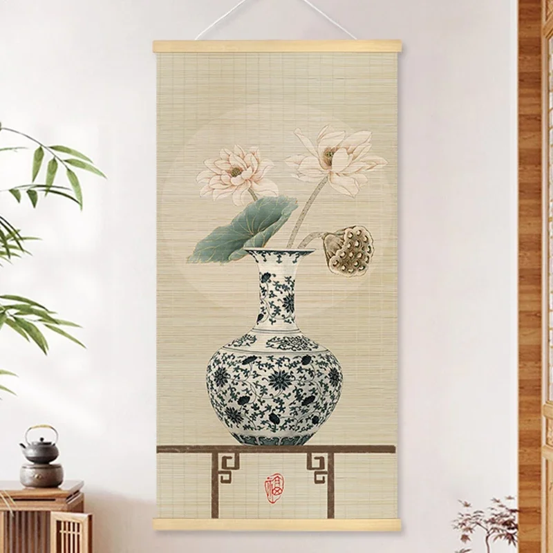 Chinese Style Bamboo Curtain Roller Lotus Flower Study Zen Tea Room Painting Hanging Background Decor Rolling Curtain Mural