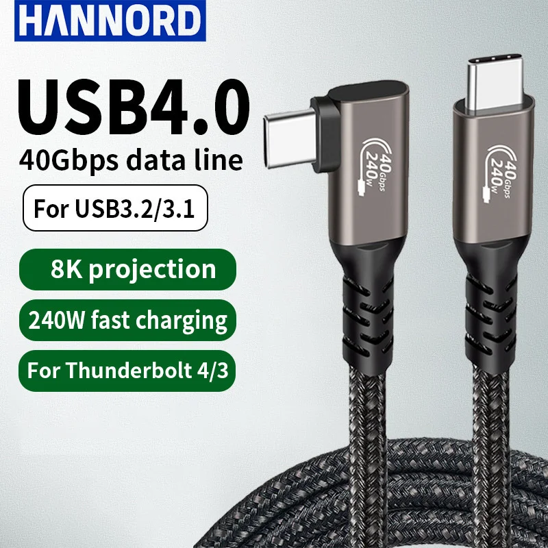 Hannord USB4.0 Thunderbolt 3/4 dirsek 8K 60HZ USB C tipi C kablo viraj 40Gbp PD 240W dizüstü Macbook Pro için hızlı şarj