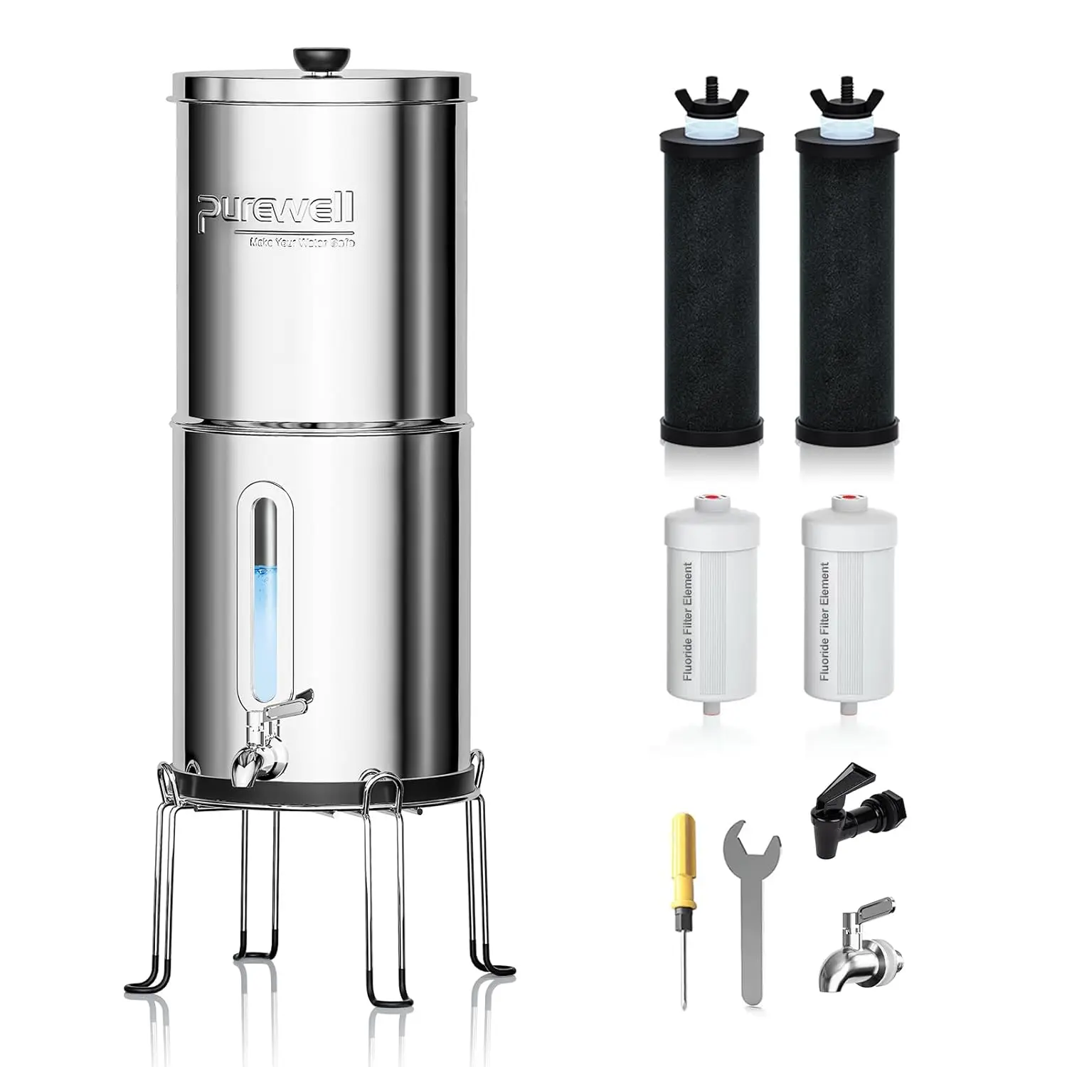 2.25G Gravity Water Filter System with Water Level Window 8-Stage 0.01μm Ultra-Filtration Stainless Steel Countertop System