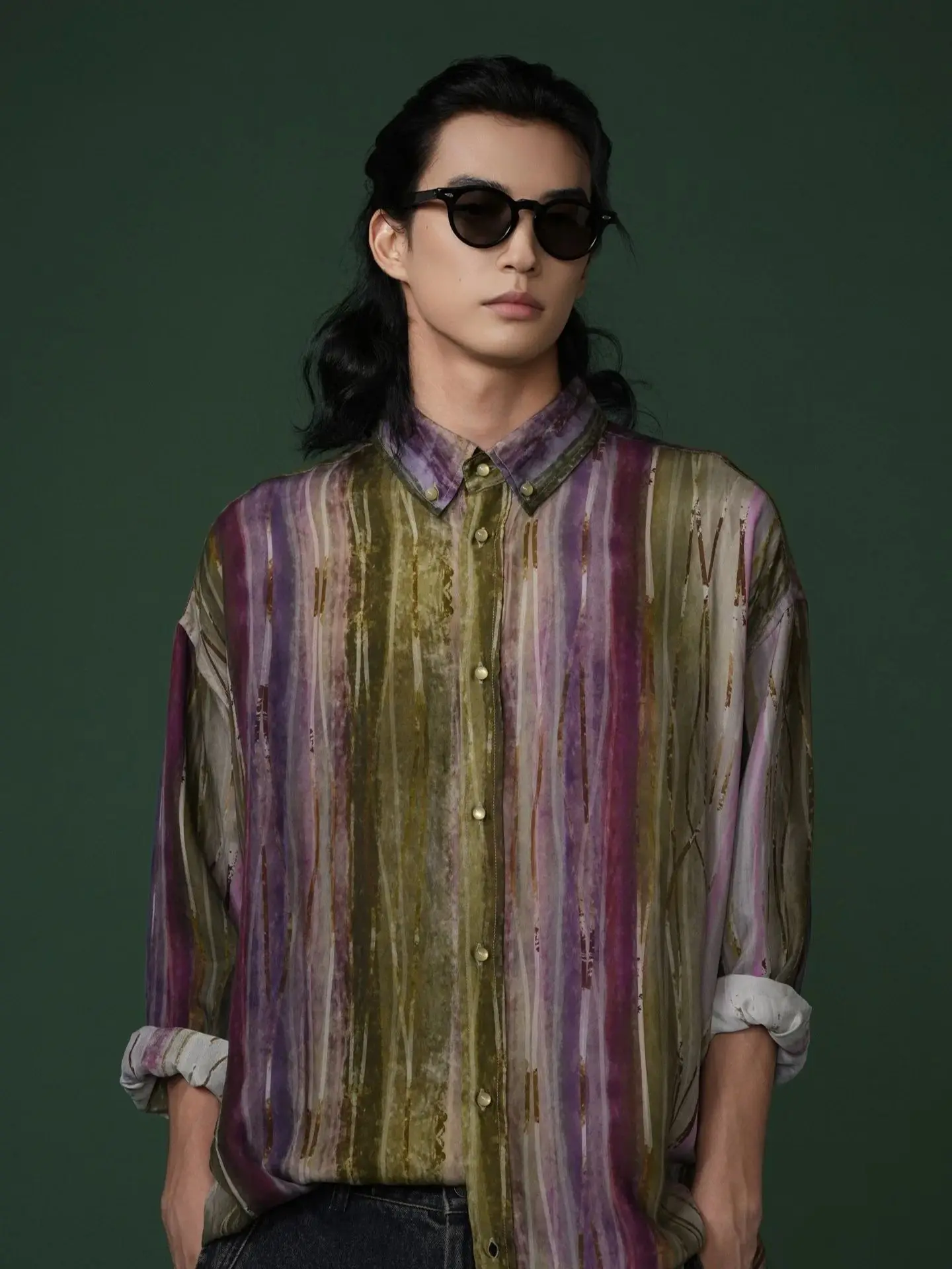 

Copper-amine silk-viscose blended shirt with retro tie-dye striped design - long-sleeved shirt for men and women, suitable