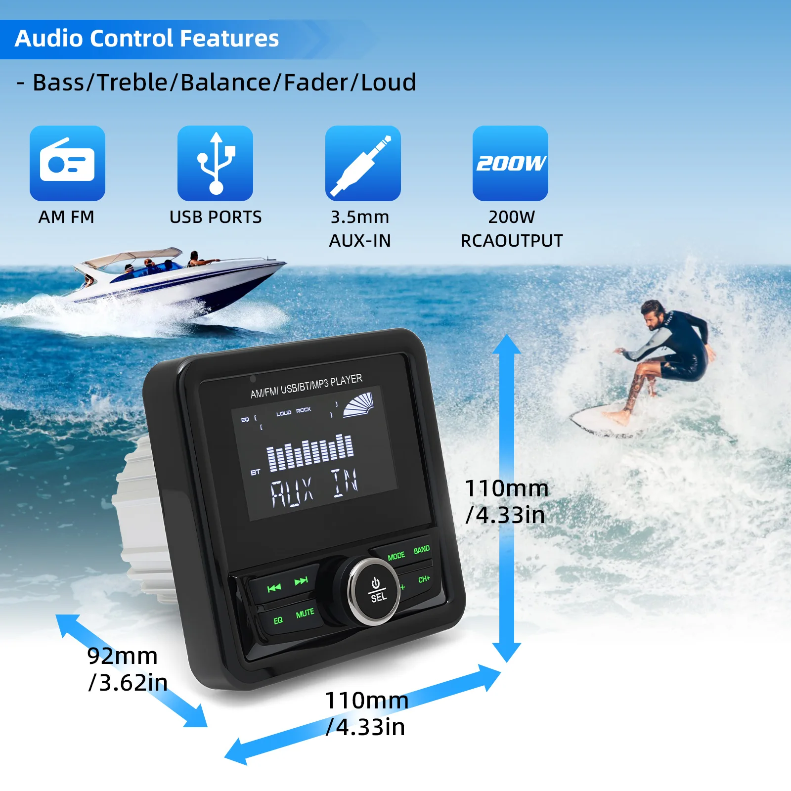 MP3 Marine Radio Barca Stereo Bluetooth compatibile FM AM Lettore audio multimediale digitale Impermeabile per yacht ATV UTV Carrello da golf Motore