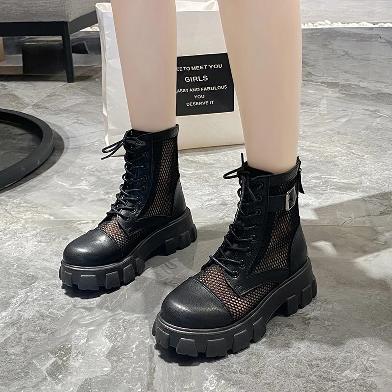 Thick Sole Breathable Mesh Boots for Women 2025 New Buckle Korean Style Large Size 43 Lace-up Waterproof Heightening Boots