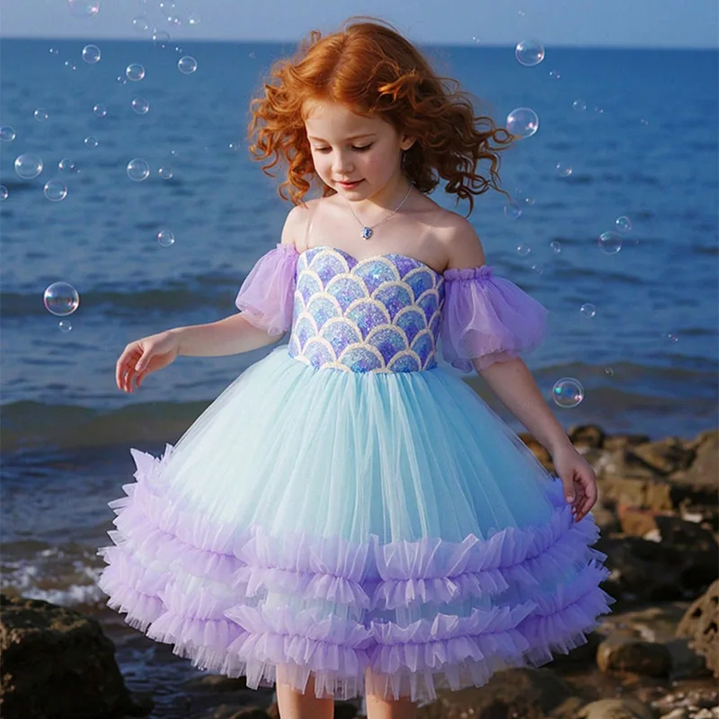 

Mermaid Baby Girls Dress Luxury Sequins Princess Dress Purple Off Shoulder Ruffles Bell Bottom Carnival Birthday Party Dress