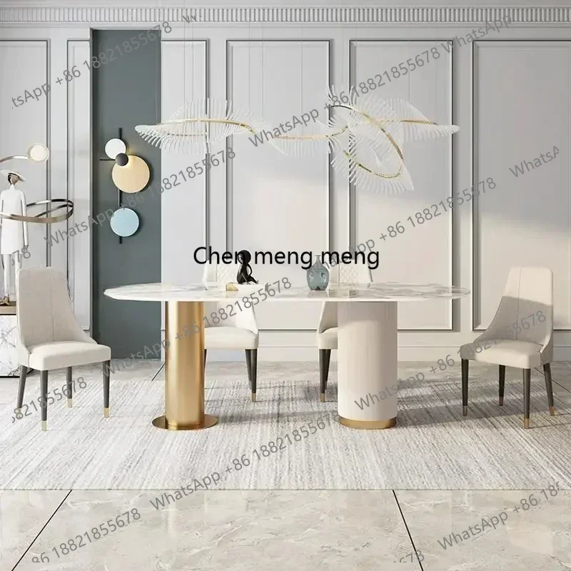 Long - lasting Designed Rectangle Table With Glossy Rock Slab Desktop Luxury Fashionable Home Furniture Round Corner 1.6m Table