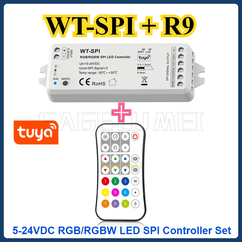 WT-SPI R9 DC5V-24V Music WiFi+2.4G RF RGB/RGBW Pixel IC SPI LED Controller Tuya Remote for WS2812 Ws2811 LED Strip Module Set