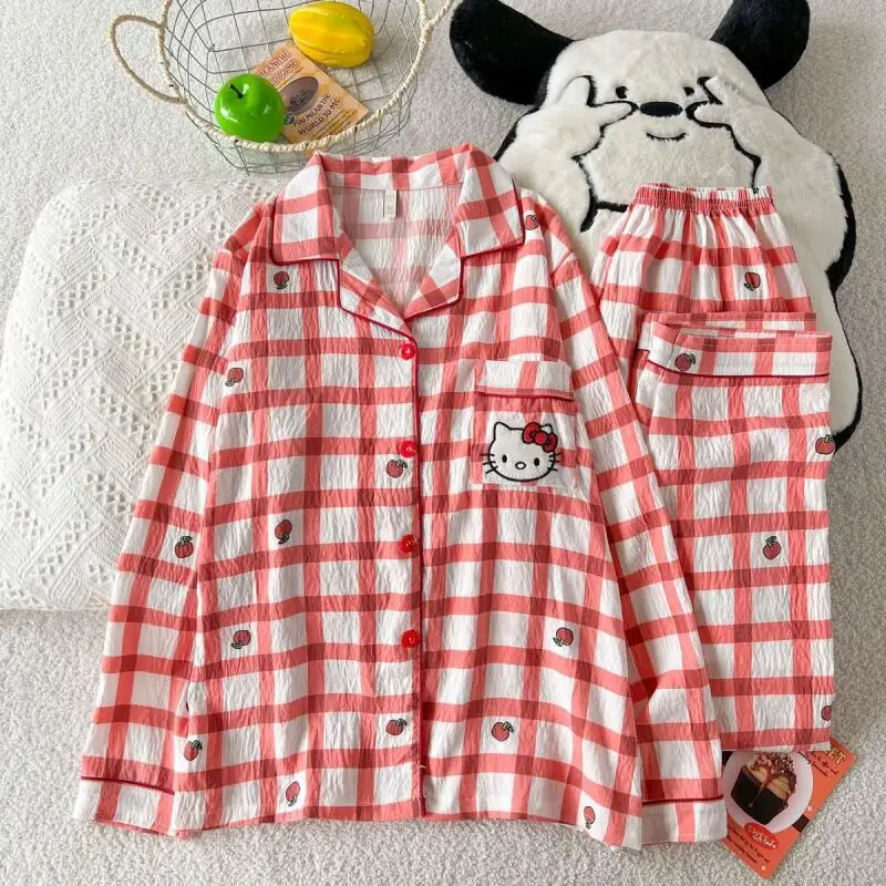 

Новая пижама Sanrio Hello Kitty: хлопковая, с длинным рукавом, брюки, весенняя, домашняя одежда, милый мультяшный дизайн для женщин