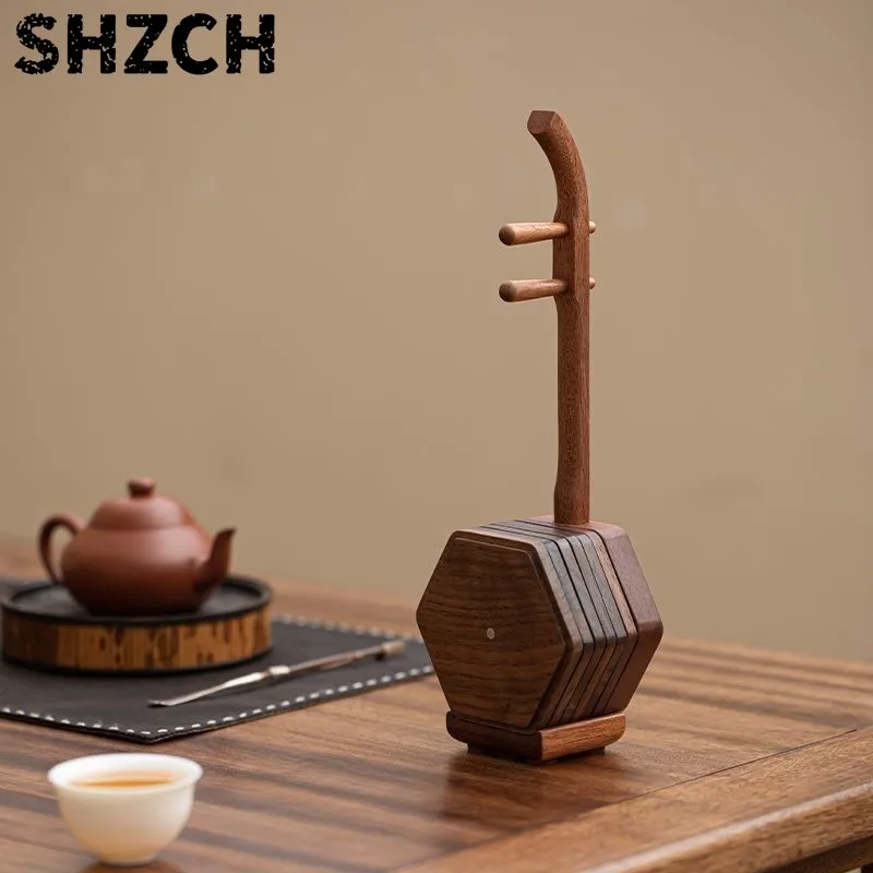 Walnut Handmade Musical Instrument Shaped Magnetic Cup Coaster Anti Scalding Thermal Insulation Pad Creative Home Decor MatZG488