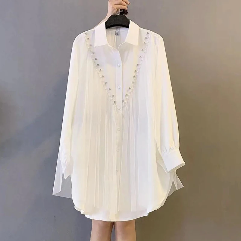 Women's Loose Chiffon Pleated Shirts, Turn-Down Collar, Elegant Office Lady Outwear Coats, Summer Tops, New Design, 2022