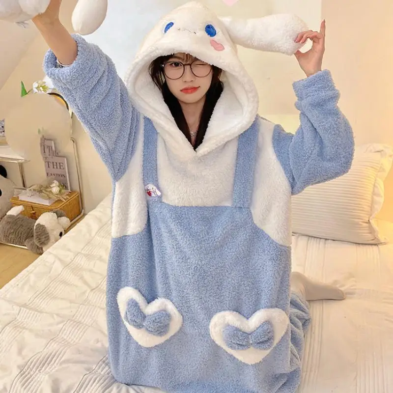 Hot Miniso Girl Thickening Winter Hooded Robe One-Piece Garment Kawaii Cinnamoroll Comic Student Keep Warm Bathrobe Leisure Wear