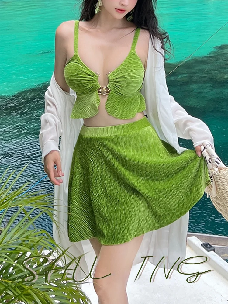 

Женский комплект бикини Boqing: купальник из трех предметов, длинный рукав, накидка, термостойкий, V-образный вырез, полиэстер, нейлон, лайкра