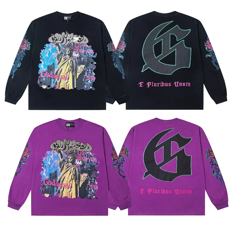 

Футболка в стиле ретро в стиле хип-хоп American Street Y2K Godspeed, мужская трендовая футболка Статуя Свободы с буквенным принтом GOD SPEED с длинным рукавом