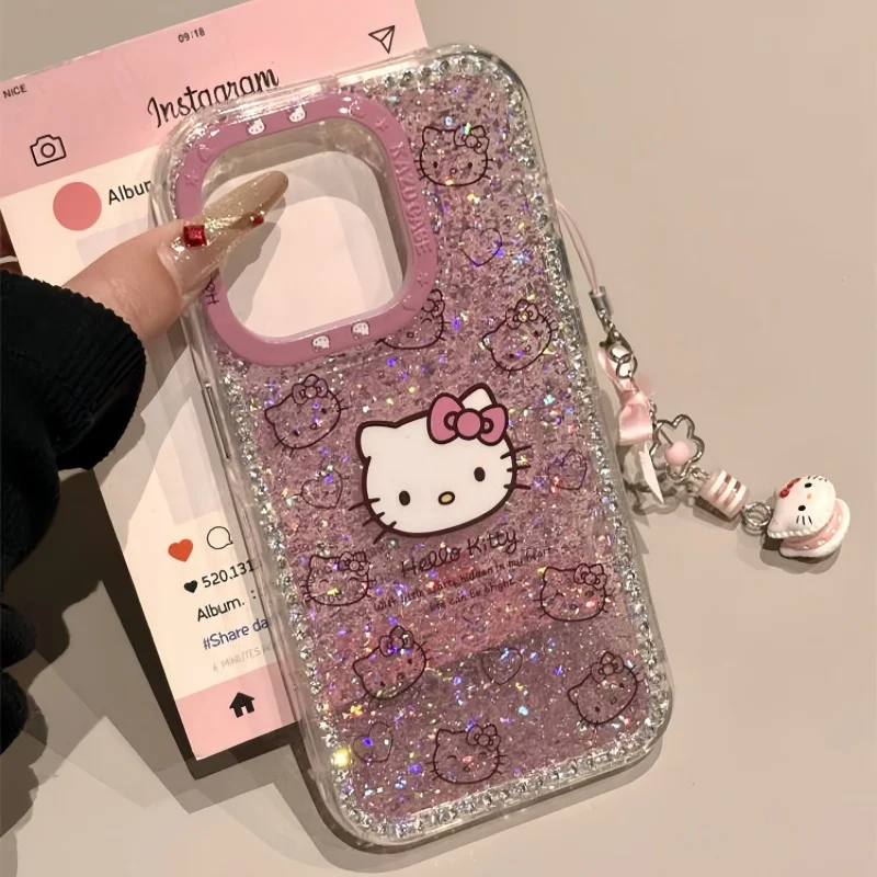 

New Hello Kitty 3d Glitter Diamond Shell Case with Hanger for Iphone 16 15 14 13pro Max Plus Japan Korean Girl Soft Cover Gift