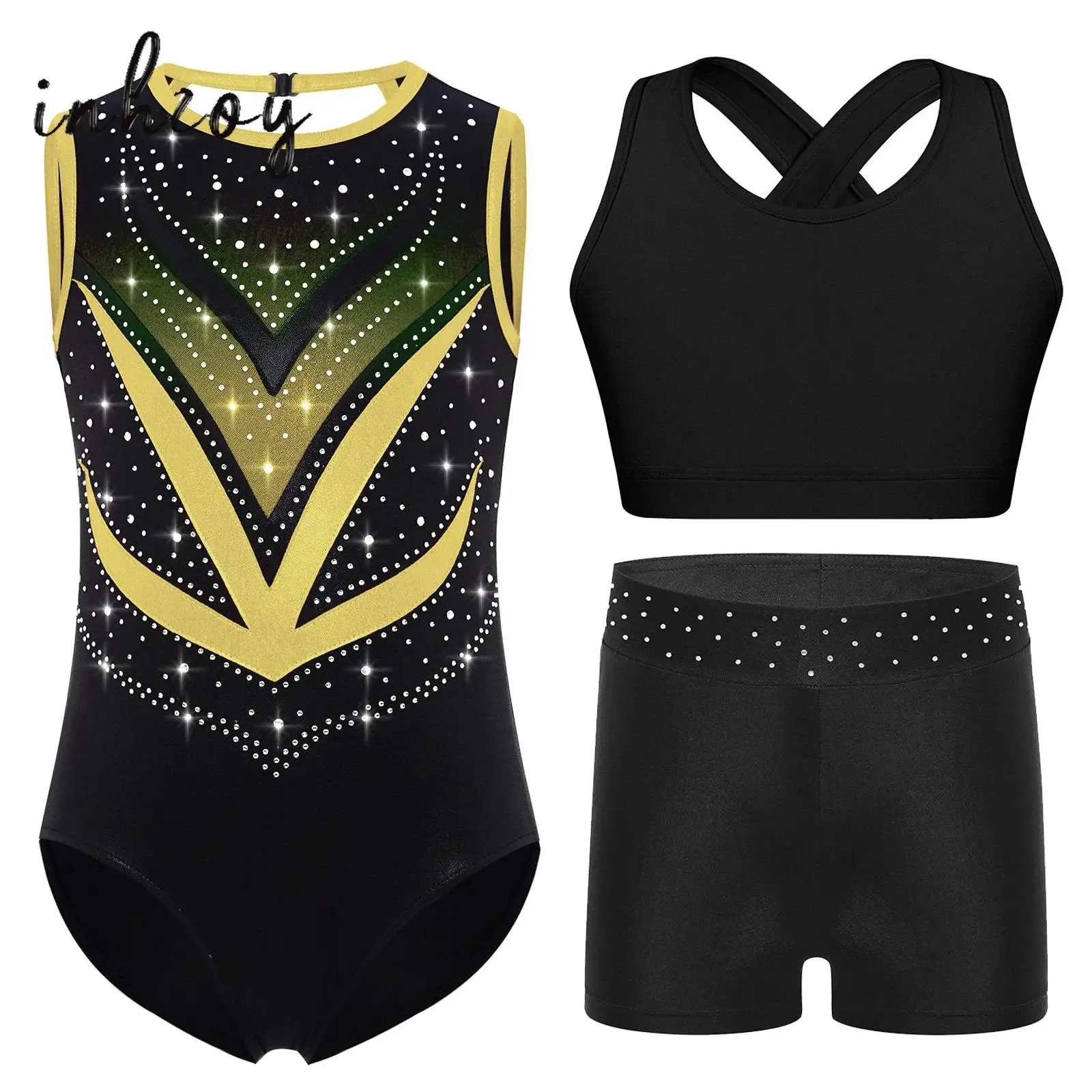 

3Pcs Kids Girls Gymnastics Figure Skating Outfit Shiny Rhinestones Crisscross Cutout Back Sheer Mesh Splice Leotard+Vest+Shorts