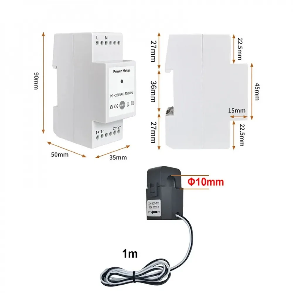 Compteur d'énergie bidirectionnel WiFi intelligent, 2 voies, pince 80A, rail DIN, contrôle d'application, moniteur, énergie solaire, statistique de l'électricité