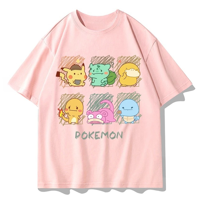 Six Grid Sketch Elf Print Casual Tee, Hand-drawn Pocket Monster Layout Soft Cotton Top For Teen Daily Street Leisure Outfits