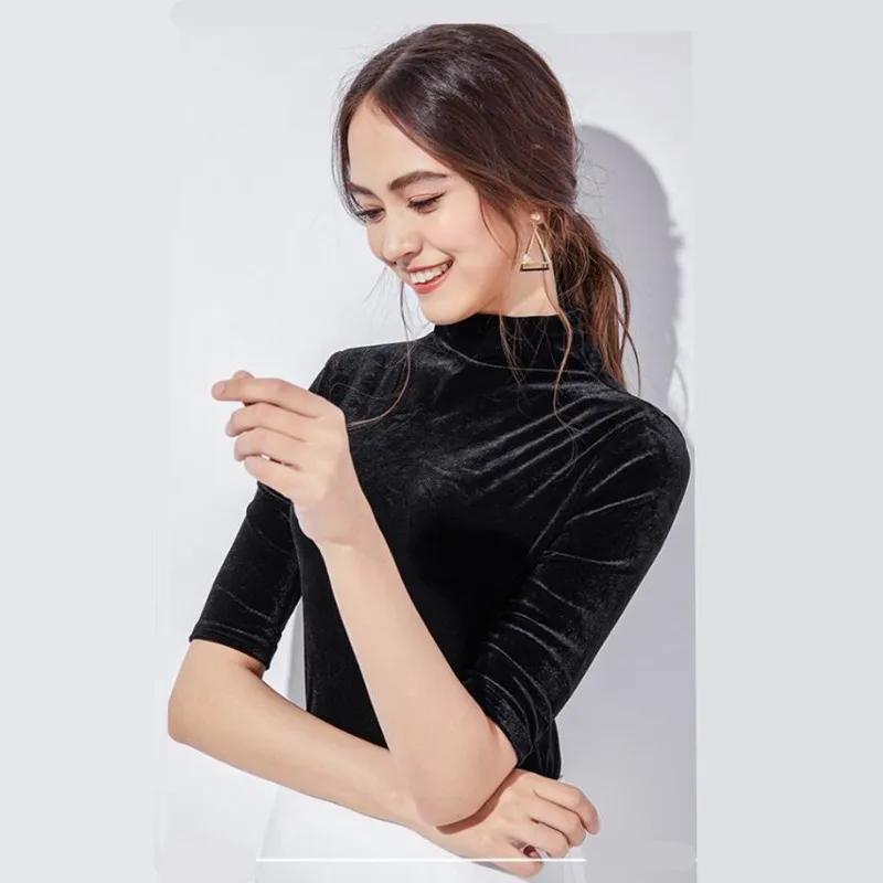 الربيع والخريف الكورية نمط المرأة أزياء الياقة المدورة القطيفة تي شيرت نصف كم المخملية قميص زائد حجم قمم #5