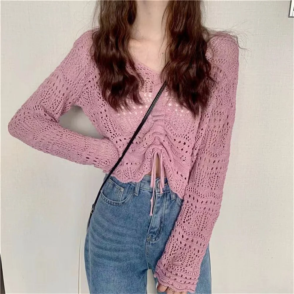 8 Colors Long Sleeve Hollow Out Sweater Women Thin Slim Tops Wild Korean Sweet Candy Color Knit Fashion Pullovers female tops