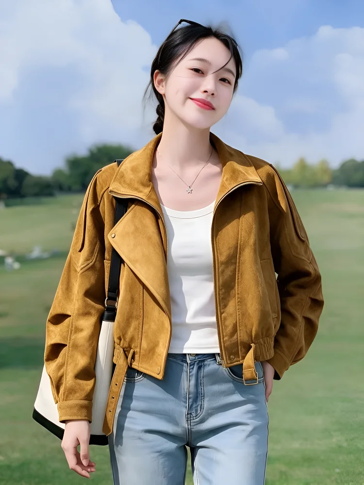 Retro Biker Short Jacket Women's Zipper Collar Cool Autumn 2026 New Small Size Trendy Polyester Fiber Long Sleeve Coat