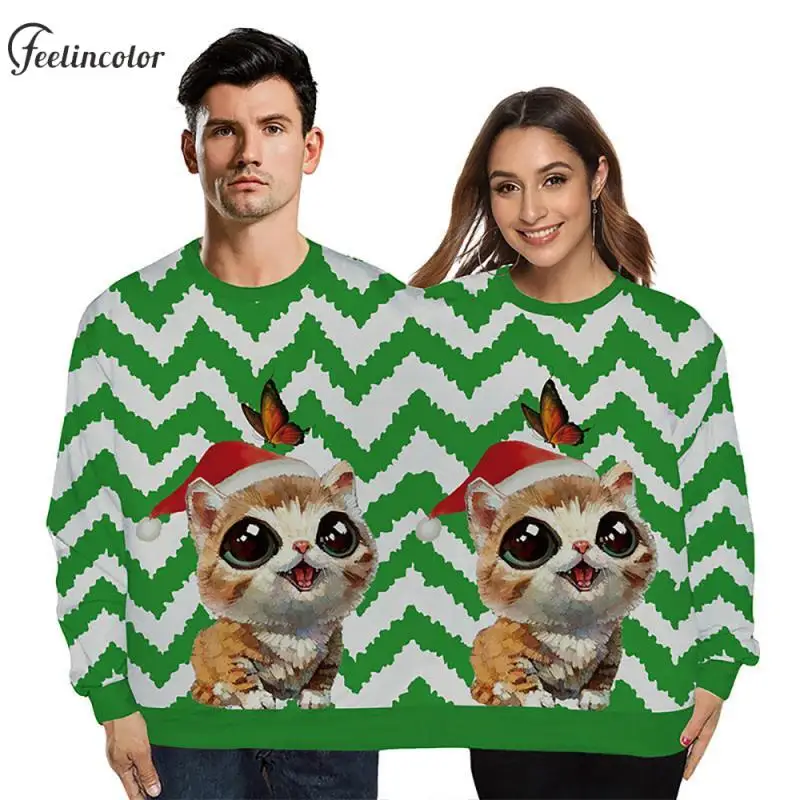 

Women Men Ugly Christmas Sweatshirts Xmas Cat Graphic Pullover Green White Funny Hoodie Autumn Couple Streetwear Holiday Gifts