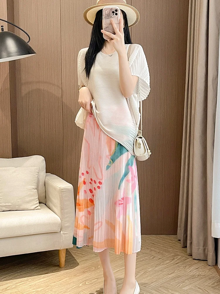 

Удобный топ с рукавами-крылышками и градиентным переходом цвета, модный женский комплект для повседневной носки: блузка из полиэстера и юбка с цветочным принтом