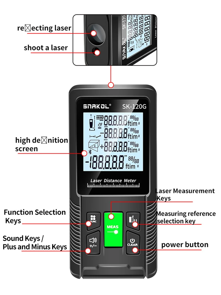 Imagem -05 - Snakol Laser Verde Distância Medidor Rangefinder Tape Range Finder Medir Device Régua Digital Ferramentas de Teste 50m 70m 100m 120m