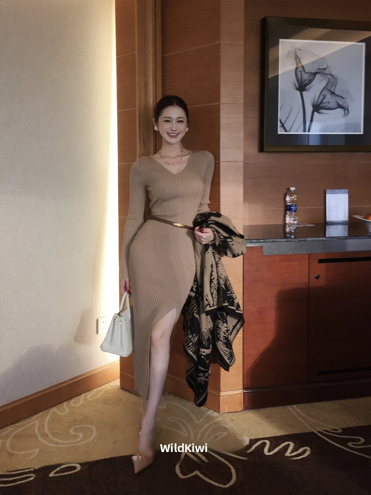 

Wild Kiwi Women's Knitted V-Ne Dr Slim Fit Bodycon Skirt High Elastici Long Sve Commute Faion Ci Casual Par