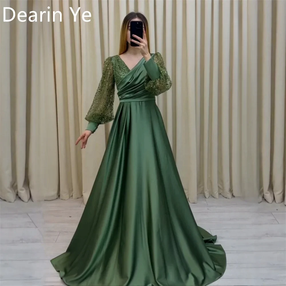 

Customized Prom Gown Dearin V-neck A-line Floor Length Skirts Draped Lace Bespoke Occasion Dresses Formal Evening Dress Saudi Ar