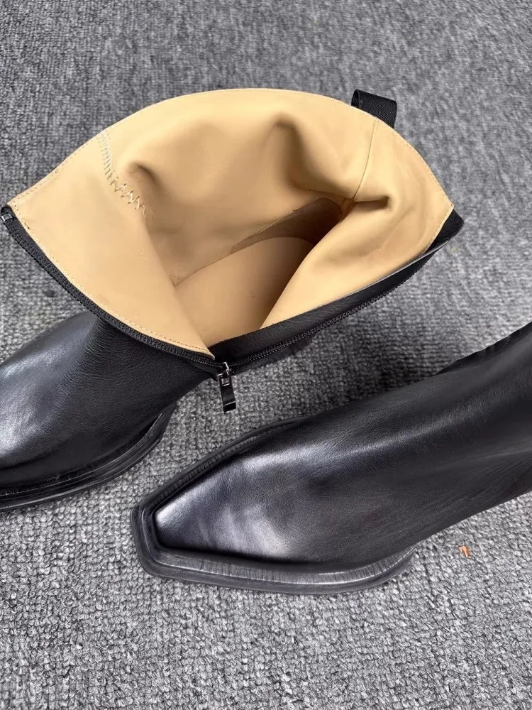 Kobiety Cowskin Genuine Leather Shoes New Autumn Short Boots Zipper Pointed Top Vintage Design Chunky Heels Black Chelsea Boots