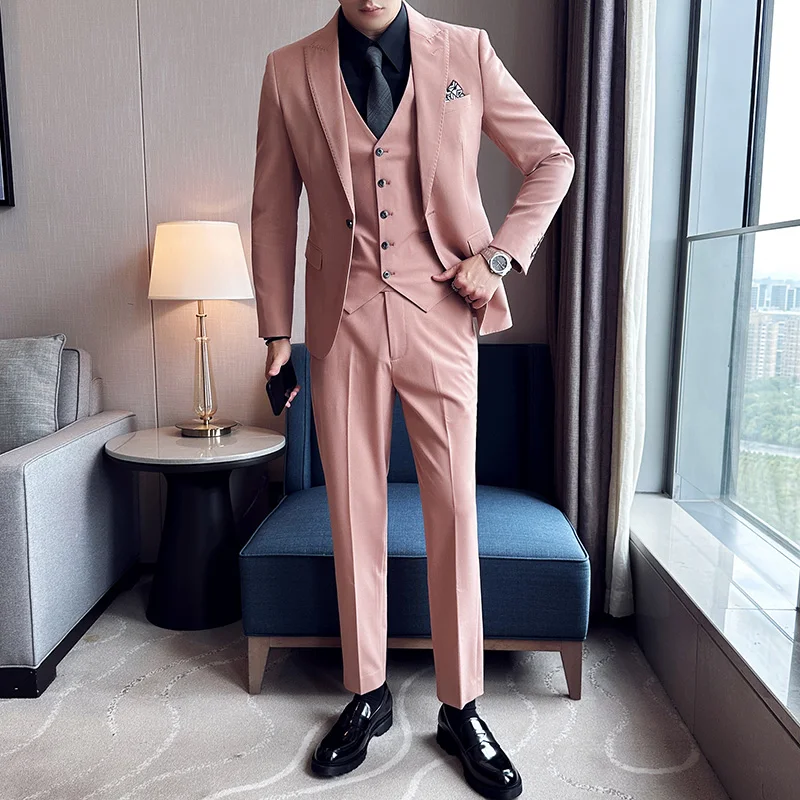 (Jackets+Vest+Pants)Men Pink Suits/Men Spring High Quality Groom\'s Wedding Dress/Male Slim Fit Fashion Casual Tuxedo Men Blazers