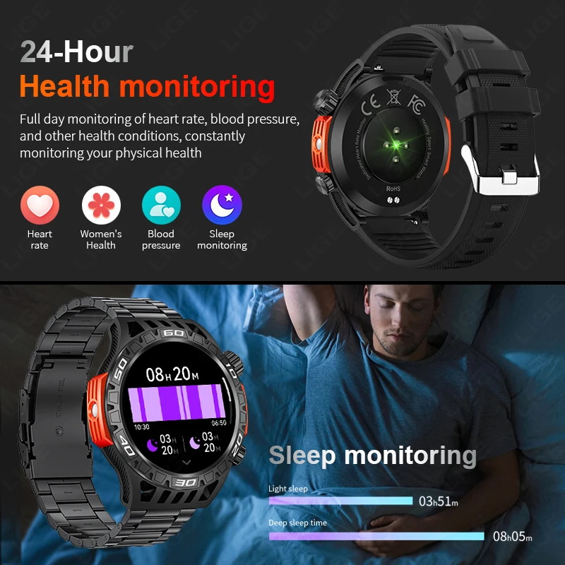 LIGE-reloj inteligente con linterna LED, pulsera con batería de 450 mAh, control del ritmo cardíaco y de la presión sanguínea, Bluetooth, llamadas