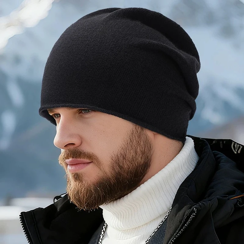 Men Oversized Slouchy Beanie Hat 55‑63cm Large Head  Winter Ear Protection Knit Cap Black  Casual Warm Skull Cap Face‑flattering