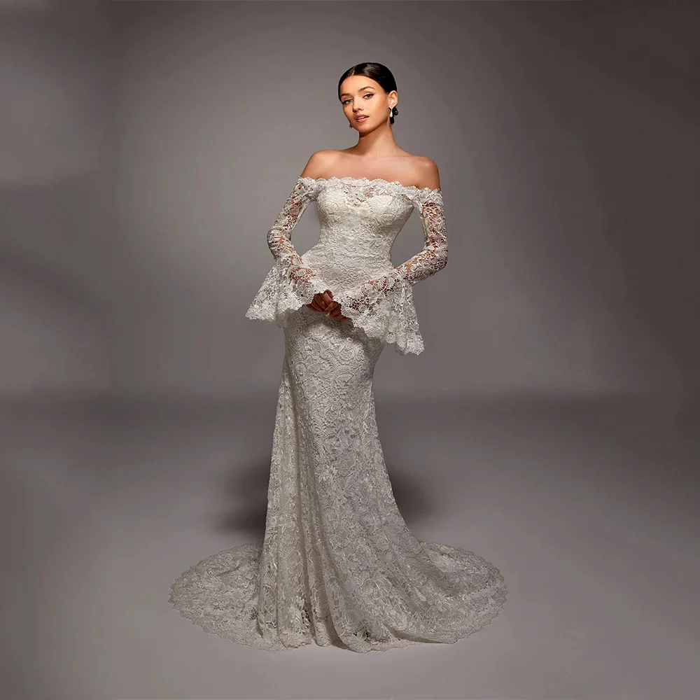 Vestido FORU elegante vestido de noche de encaje hasta el suelo cuello de una palabra fiesta de graduación rebordear sirena Abiti Da Sposa personalizado