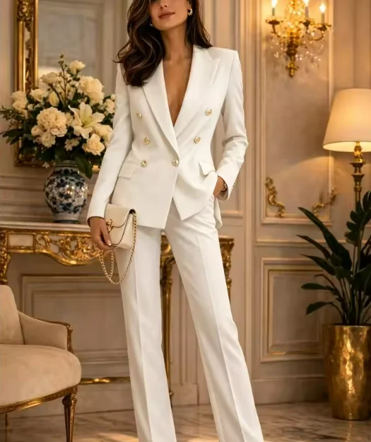 Women Suit Set 2 Pcs Elegant Gold Button Blazer Wide Leg Trousers Double Breasted Wedding Guest Office Outfit Customized