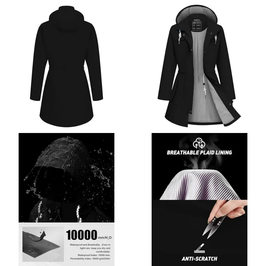 Rain Jacket Women Waterproof Long Lightweight Raincoat Hooded Windbreaker Outdoor Trench Coat S-3XL