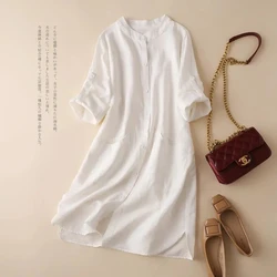 Summer New Ladies Jacket Loose Cotton Linen Medium Long Women's Shirt Wild Solid Color Long Sleeves Crew Neck Sun Protection Top