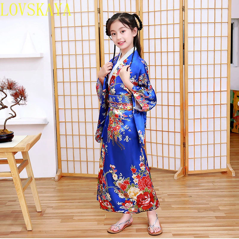 Cute girl, Japanese ethnic style kimono and dance dress, retro printed flower stage show costume