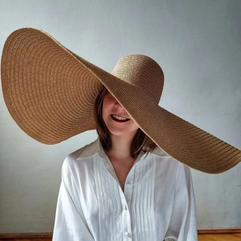 Lady Summer Wide Brim Straw Hat 70cm Oversized Foldable SeaSide Sun Hats Women Large UV Protection Sun Hat for Vocation Beach