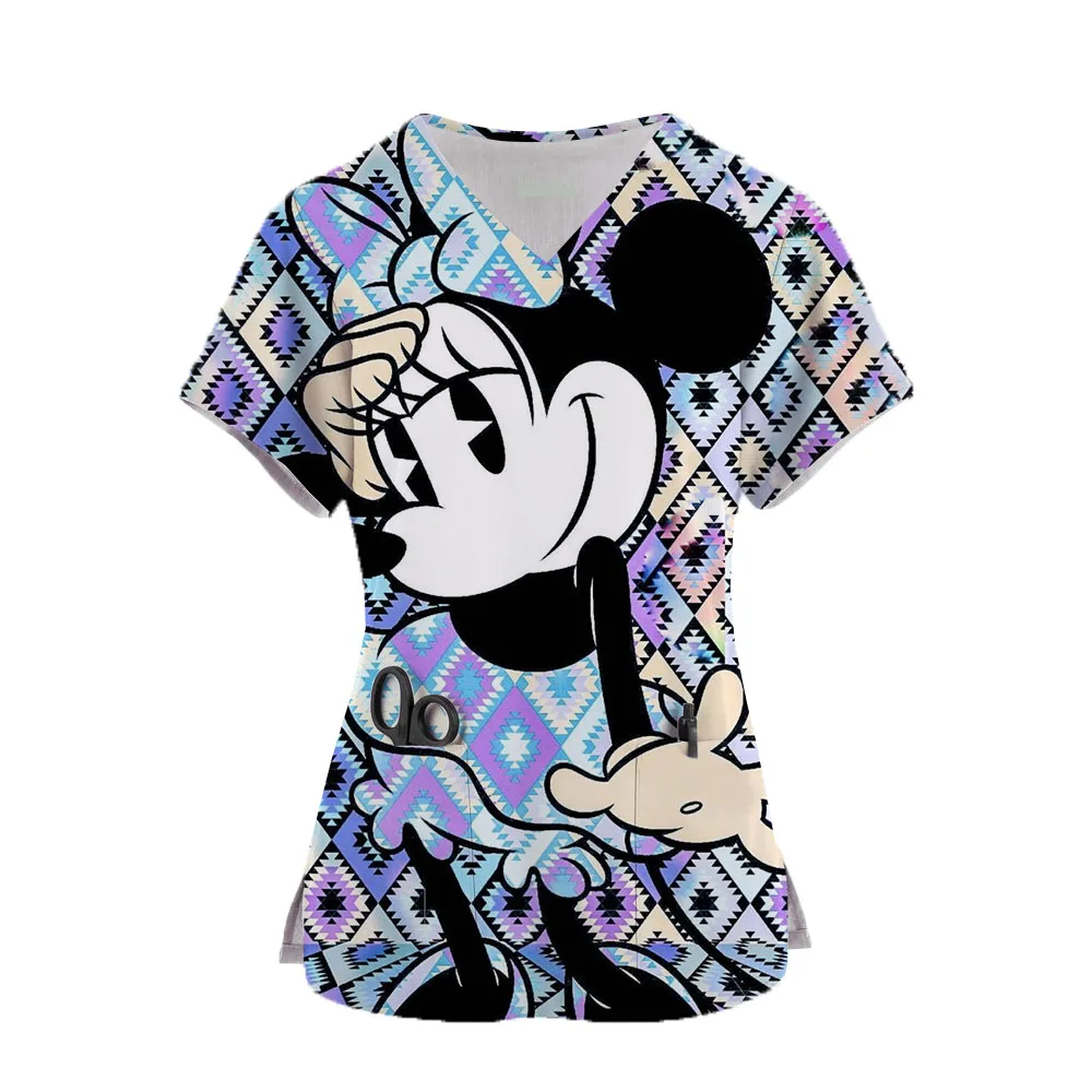 

Ladies Mickey Mouse Nurse Uniform Short Sleeve V-neck Workwear Cartoon Print Working Uniform Woman Casual Medical Nursing Blouse